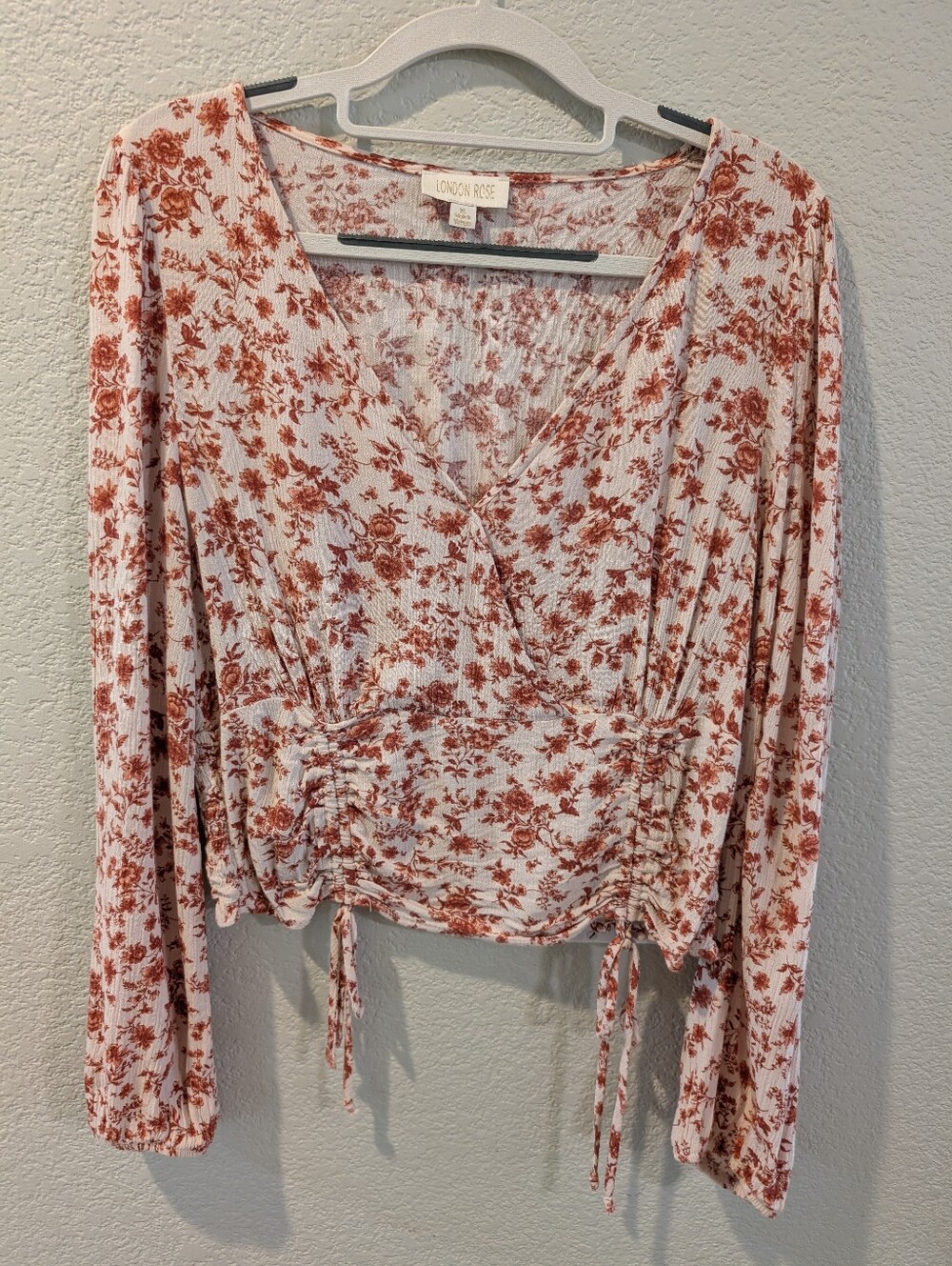 London Rose Floral Ruched Crop Top Long Sleeve Size Xl